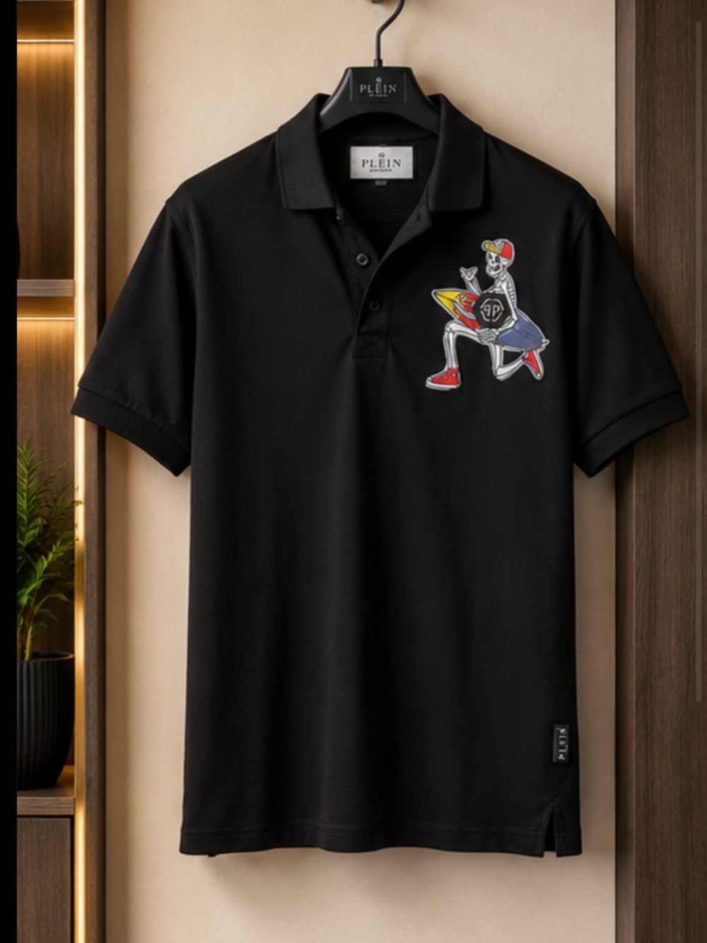 Philipp Plein Black Polo with Colorful Skeleton Surf Patch